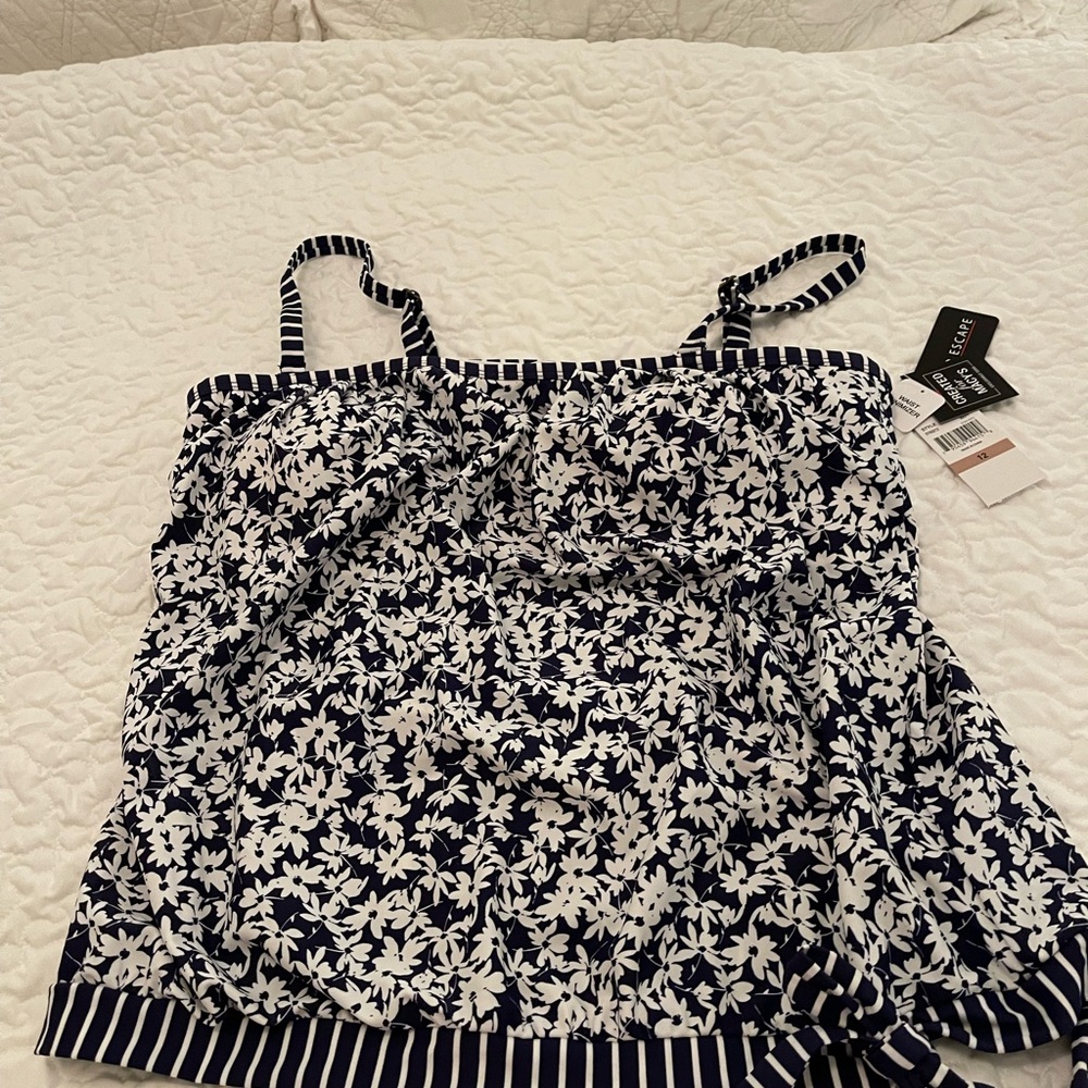 Island Escape Navy and White Floral Swim Camisole with Striped Trim